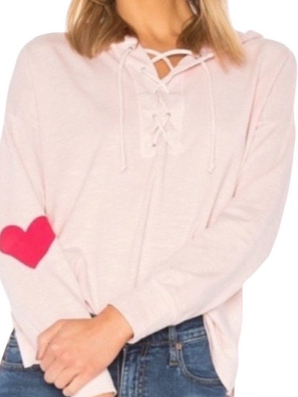 Sundry Size 1 Small Sunday Pink Heart Print Lace Up Hooded Sweatshirt